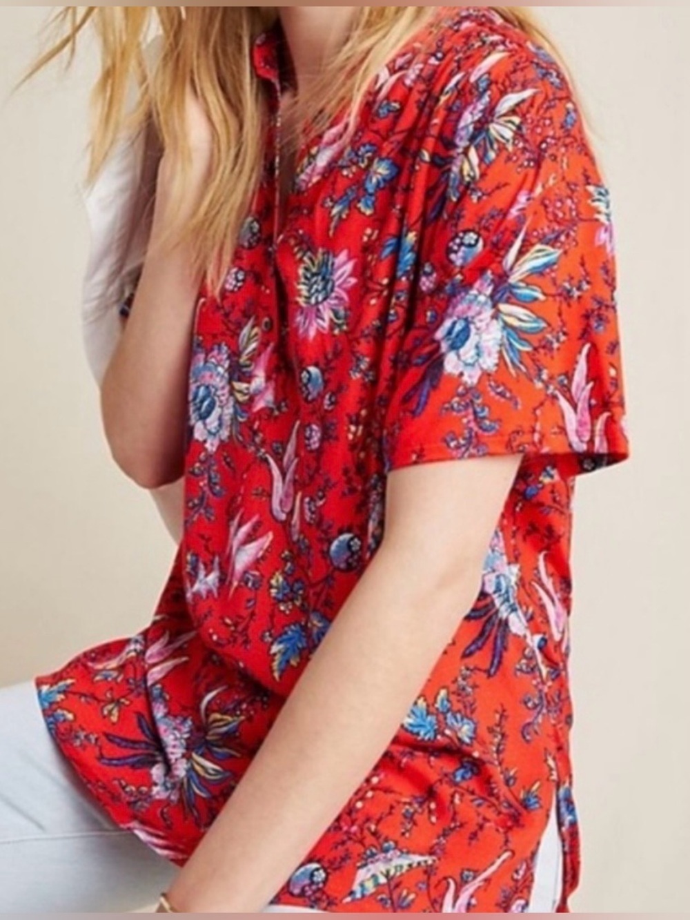 Maeve by Anthropologie Red Botanical Print Oversized XS